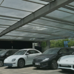 Parking lot with durable Lotus Textured Polycarbonate Sheets roofing