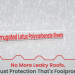 Corrugated Lotus Polycarbonate Sheets with rain background, showcasing leak-proof protection and durability for industrial and residential roofing.