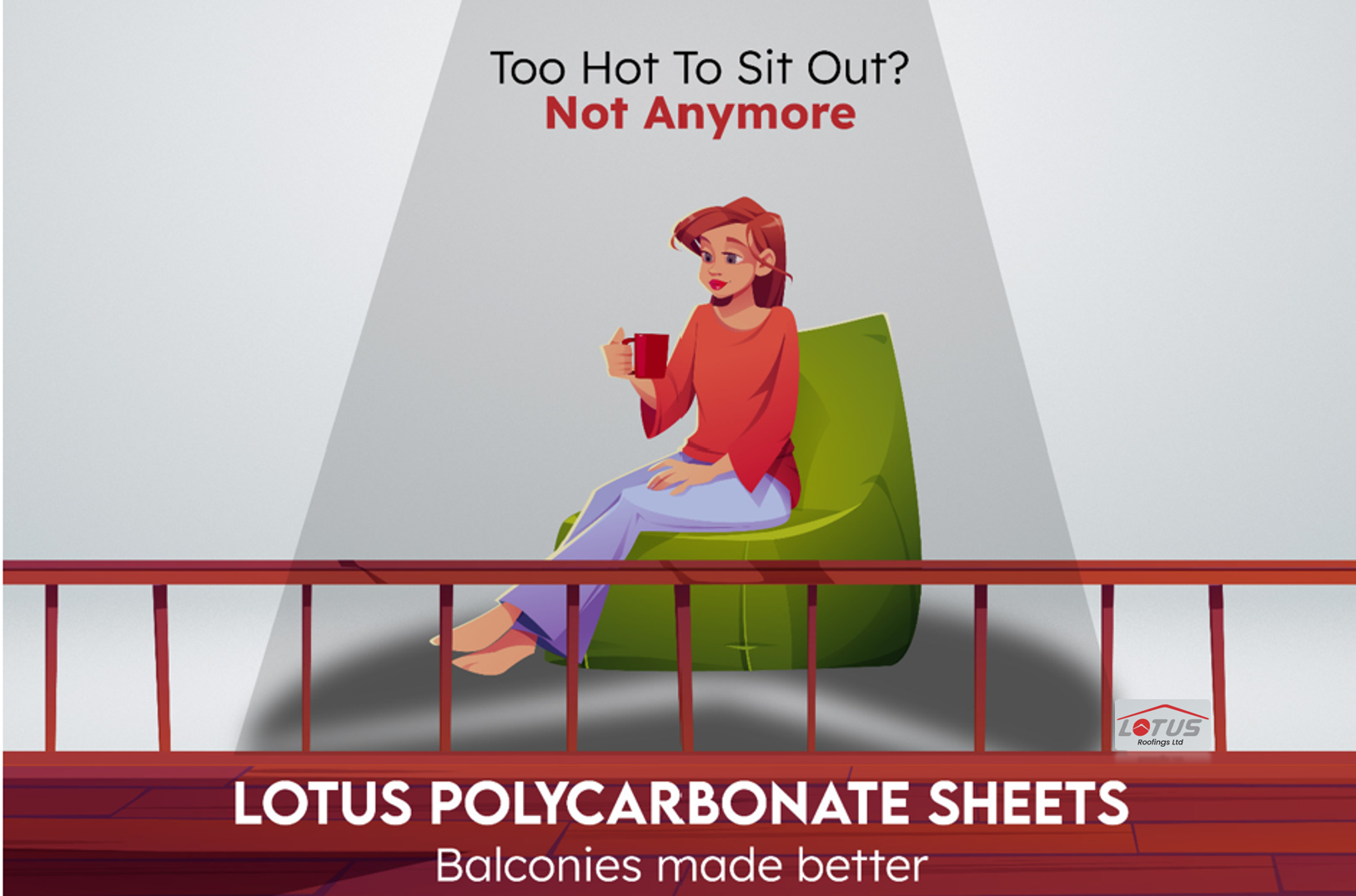 Woman enjoying balcony comfort under Lotus Polycarbonate Sheets, staying cool and shaded in summer.
