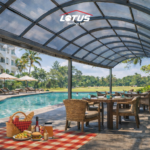 Outdoor hotel picnic and dining area with Lotus polycarbonate roofing providing UV protection, natural light, and weather resistance.