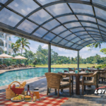 Outdoor hotel picnic and dining area with Lotus polycarbonate roofing providing UV protection, natural light, and weather resistance.