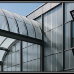 Modern office building with skylights and facades made of Lotus Polycarbonate sheets, sleek architectural design, natural light streaming through contemporary urban setting