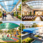 Indian school campus walkway covered with Multiwall Polycarbonate Roofing Sheets by Lotus Roofings, allowing natural daylight while offering UV protection and weather resistance.