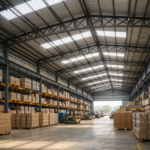 Industrial warehouse interior with daylight polycarbonate roofing sheets allowing natural light inside factory storage space installed as industrial roofing solution by Lotus Roofings.