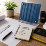 Polycarbonate roofing sheet sample, architectural drawings and planning tools used to compare roofing solutions before selecting the right roofing sheet for a construction project.
