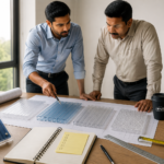 Architect reviewing roofing plans with polycarbonate roofing sheet samples before selecting the right roofing solution for a commercial building. Lotus Roofings.