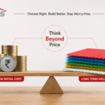 Balance scale comparing low initial roofing cost with long-term value, illustrating a smarter roofing decision by Lotus Roofings.